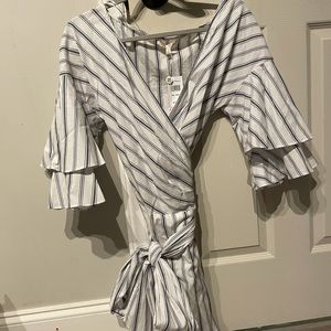 Blue & White striped Wayf dress with bow tie.